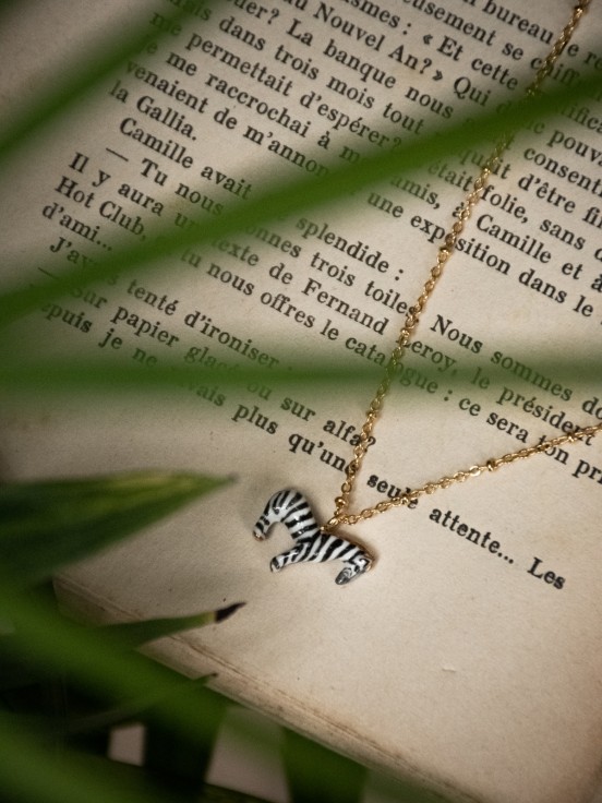 Hand-painted porcelain zebra pendant gold chain necklace