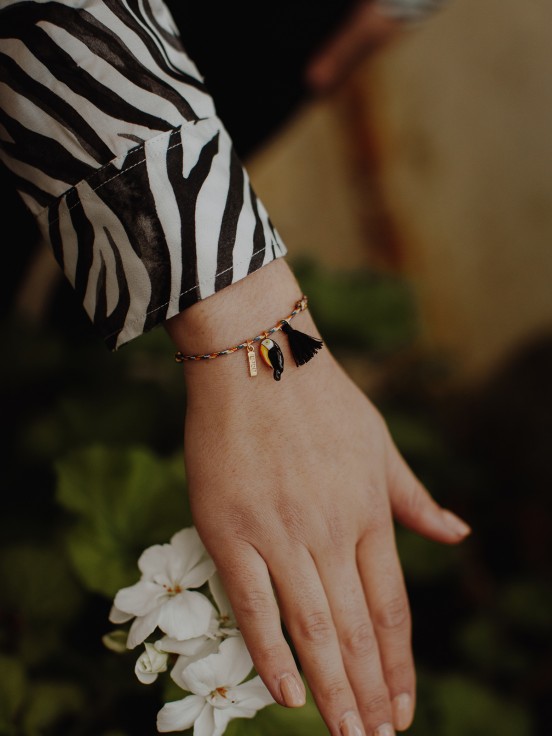 Toucan bird pompom charm's adjustable bracelet hand painted porcelain