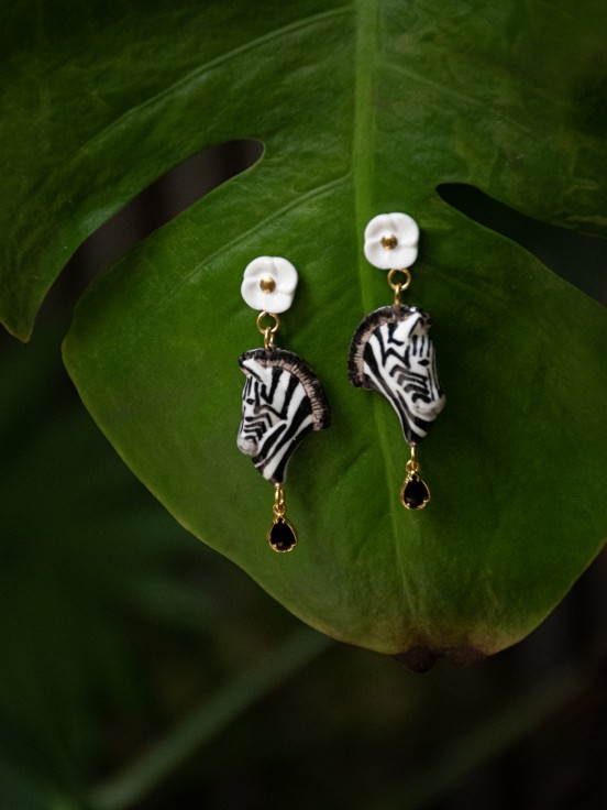 Zebra flower pendant earrings hand painted porcelain