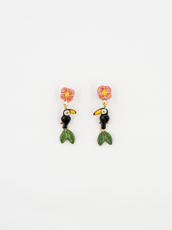 Toucan leaf flower earrings bird hand painted porcelain