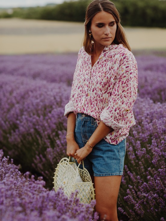 Lavender hand-drawn floral pattern blouse in cotton