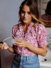 Ruffled cotton hand-drawn floral lavender top