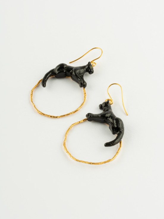 Nach porcelain black panther animal round earrings