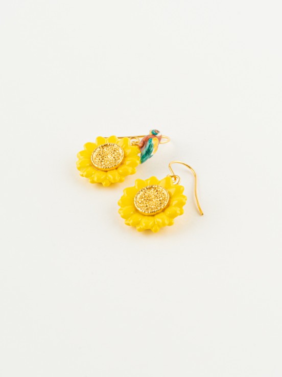 Bee-eater sunflower flower and bird earrings