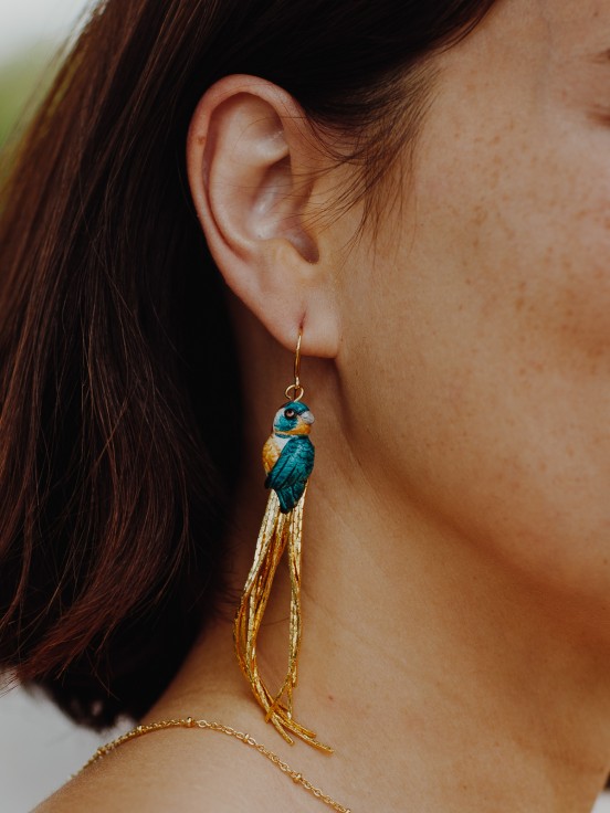 Bee-eater bird earrings with fringes
