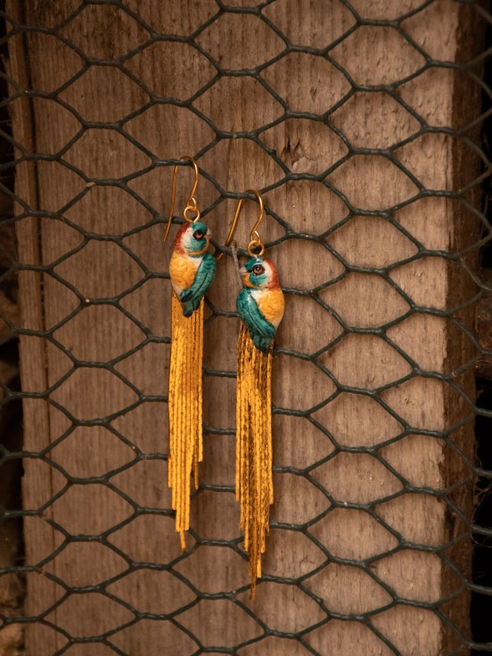 Bee-eater bird earrings with fringes