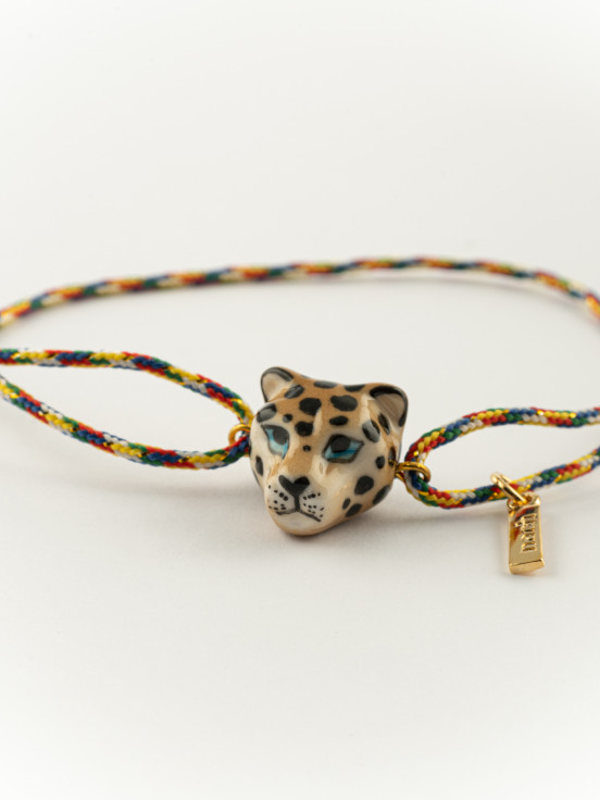 adjustable bracelet in hand-painted porcelain and cotton animal leopard
