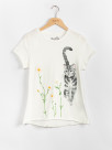 t-shirt blanc col rond chat fleurs marguerite