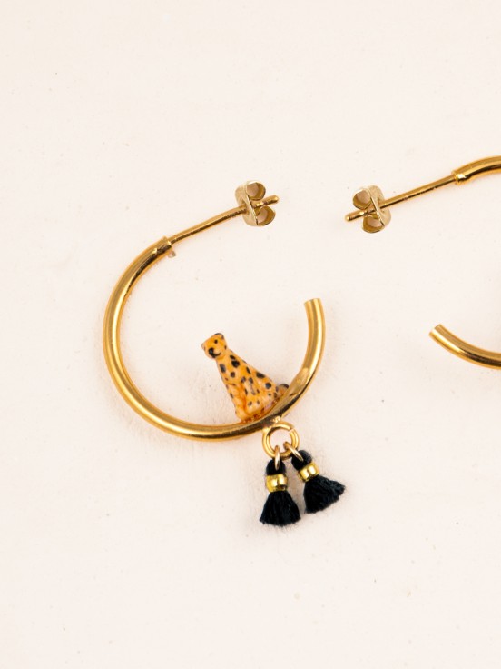 earrings hoops animal leopard pompoms porcelain hand painted