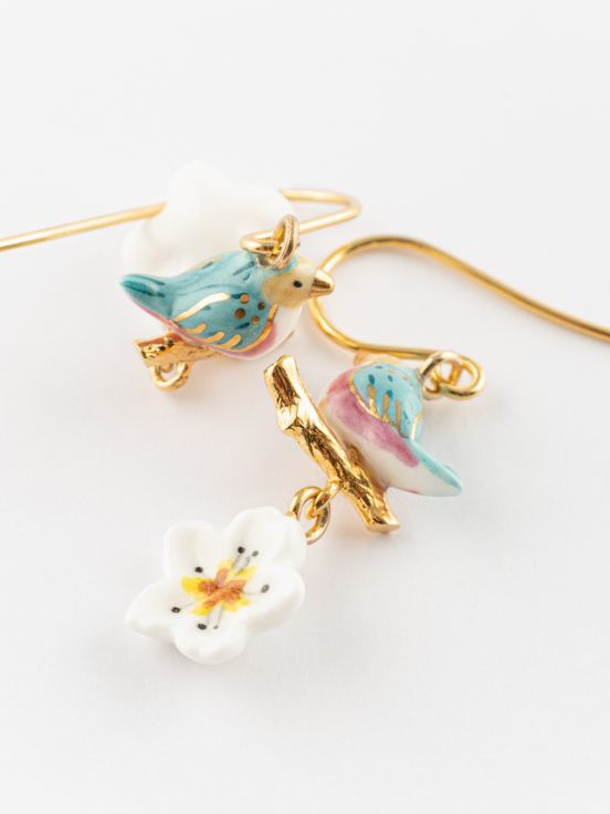 Boucles d'oreilles oiseau bleu & fleur de poirier