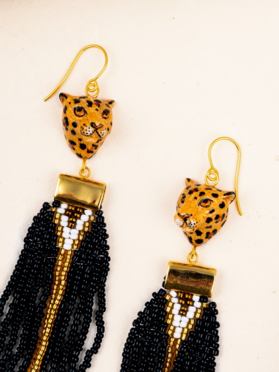 boucles d'oreilles pendantes léopard perles porcelaine peintes à la main