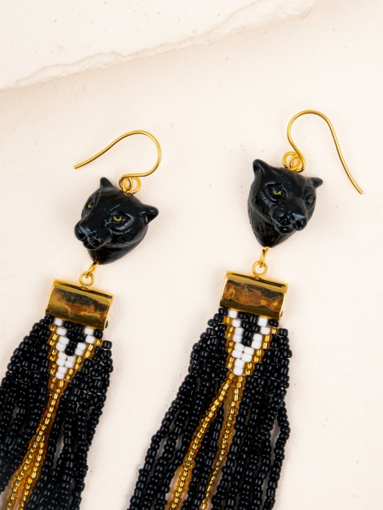 earrings pendant animal black panther bead porcelain hand painted
