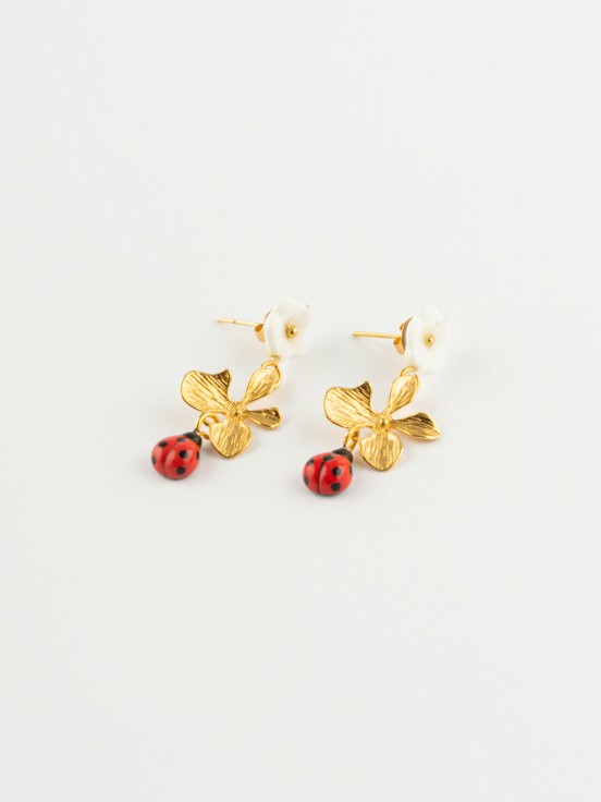 Golden flower and ladybug earrings