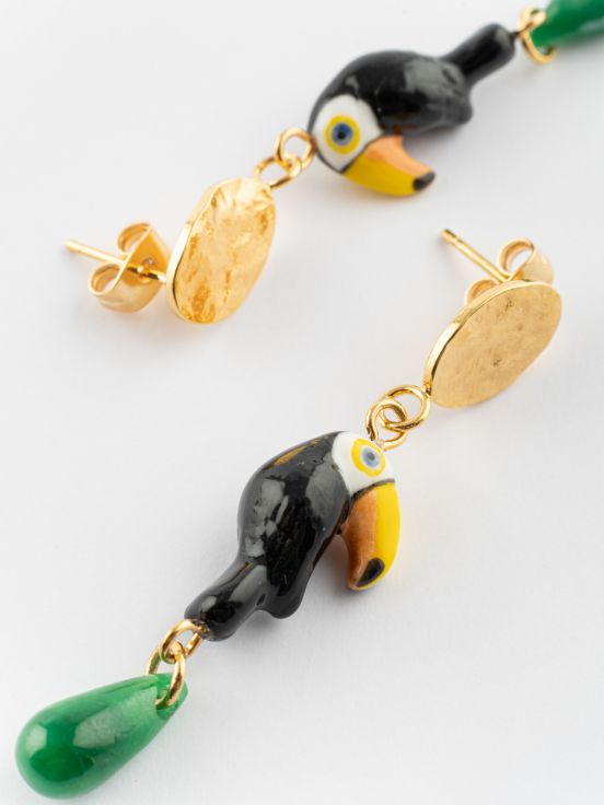 Jade & toucan hammered earrings