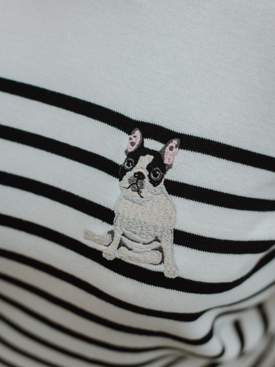 striped sweater animal embroidery button porcelain fabric OEKO TEX french bulldog