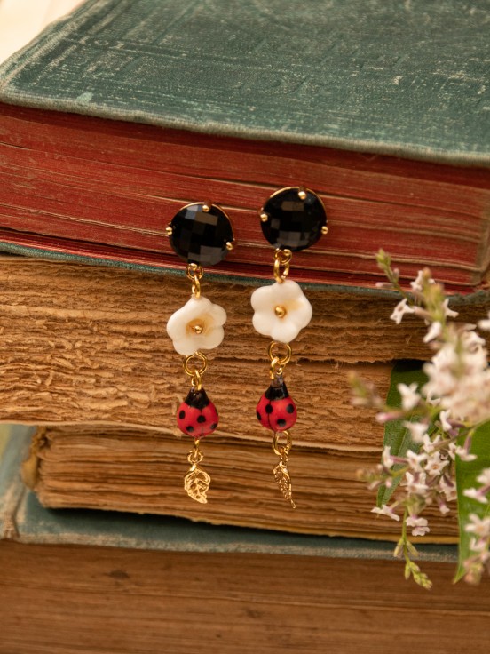 Golden flower and ladybug dangling earrings