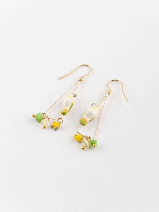 Budgerigar & beads triangle earrings