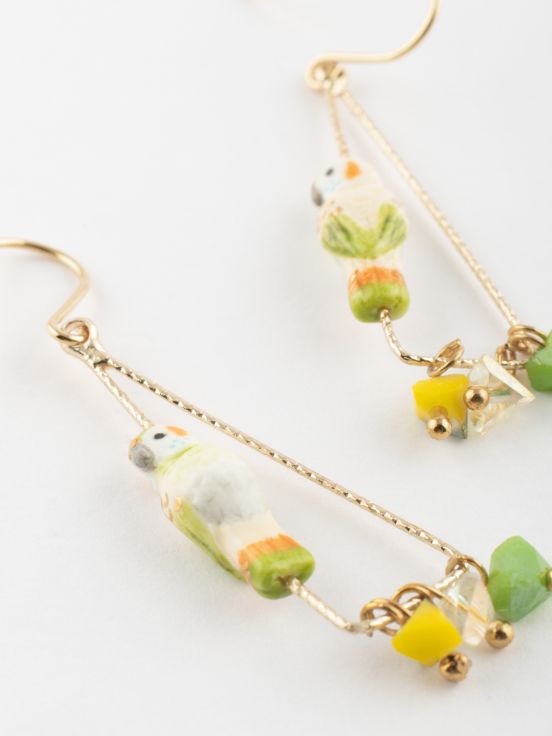 Budgerigar & beads triangle earrings