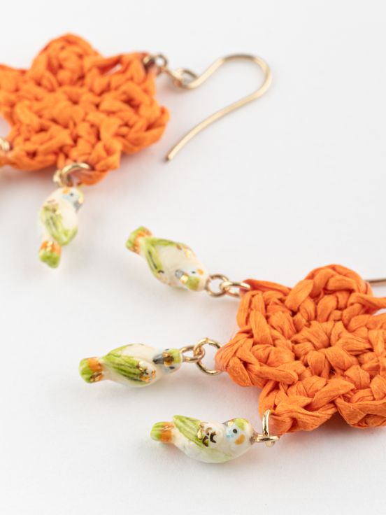 Raffia flower & budgerigar earrings