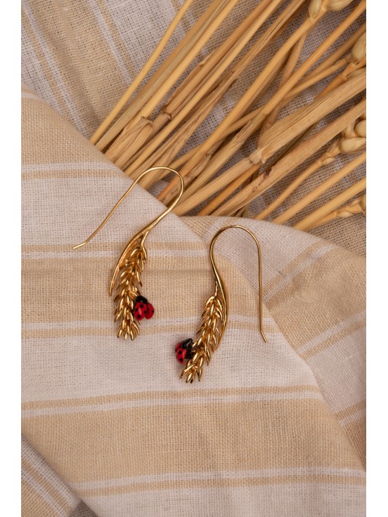 Golden ear of wheat and ladybug nach earrings