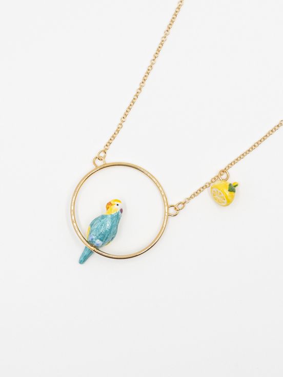 Blue budgerigar bird & lemon round necklace