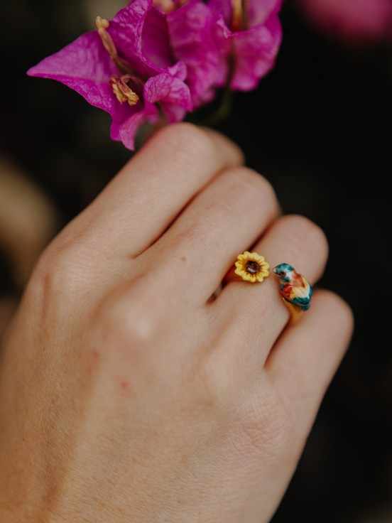 bird and sunflower ring in porcelain and golden brass