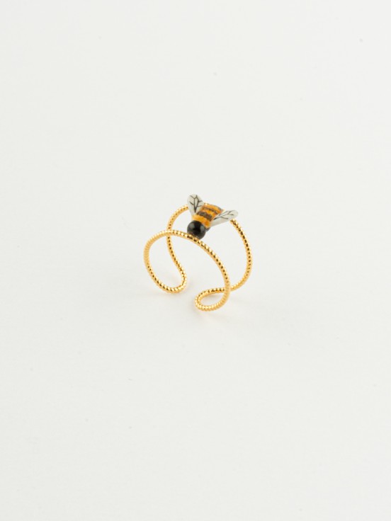 Golden brass porcelain bee ring