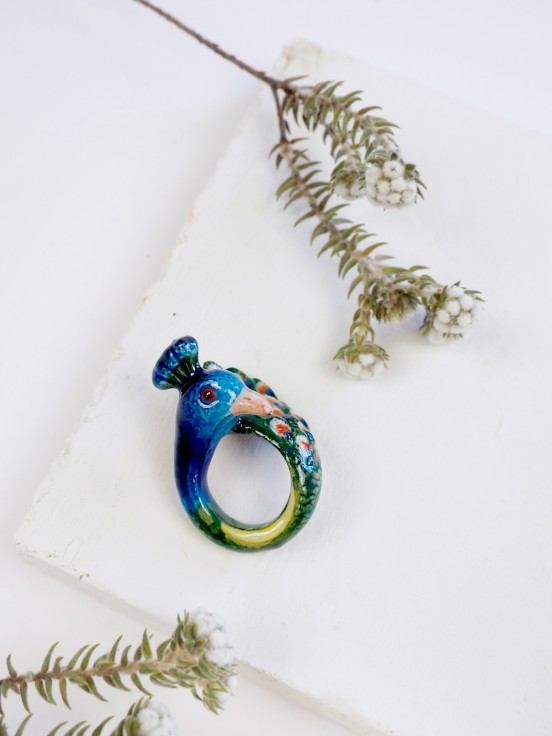 hand painted porcelain ring peacock animal