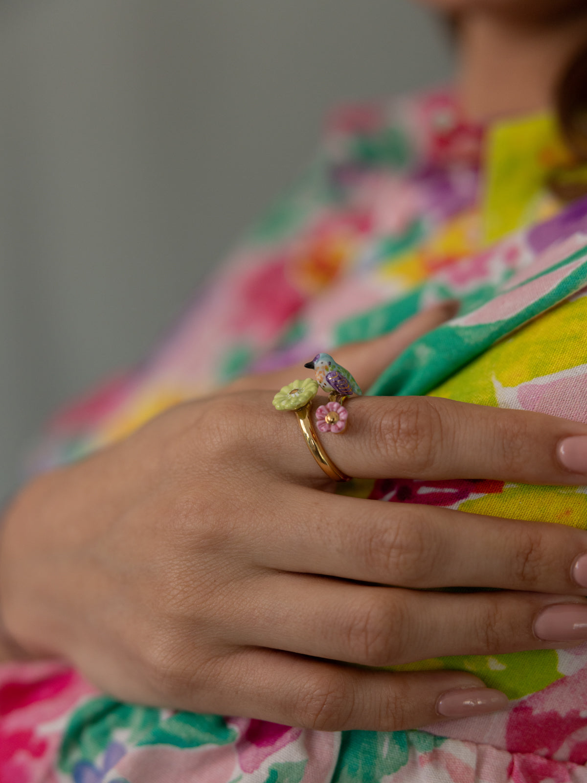 Anna's Hummingbird and Flower Adjustable Ring