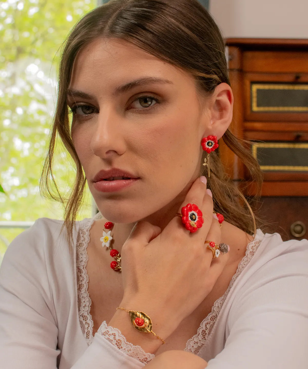 Red anemone dangle earrings