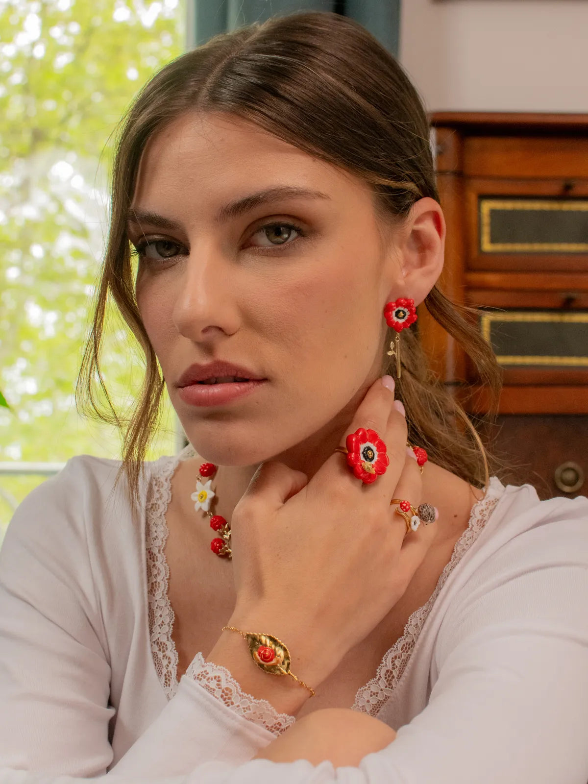 Red anemone dangle earrings