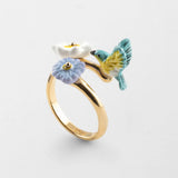 Bague Oiseau Paruline Bleue & Fleurs