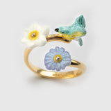 Bague Oiseau Paruline Bleue & Fleurs