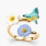 Anillo Pájaro Reinita Azul y Flores