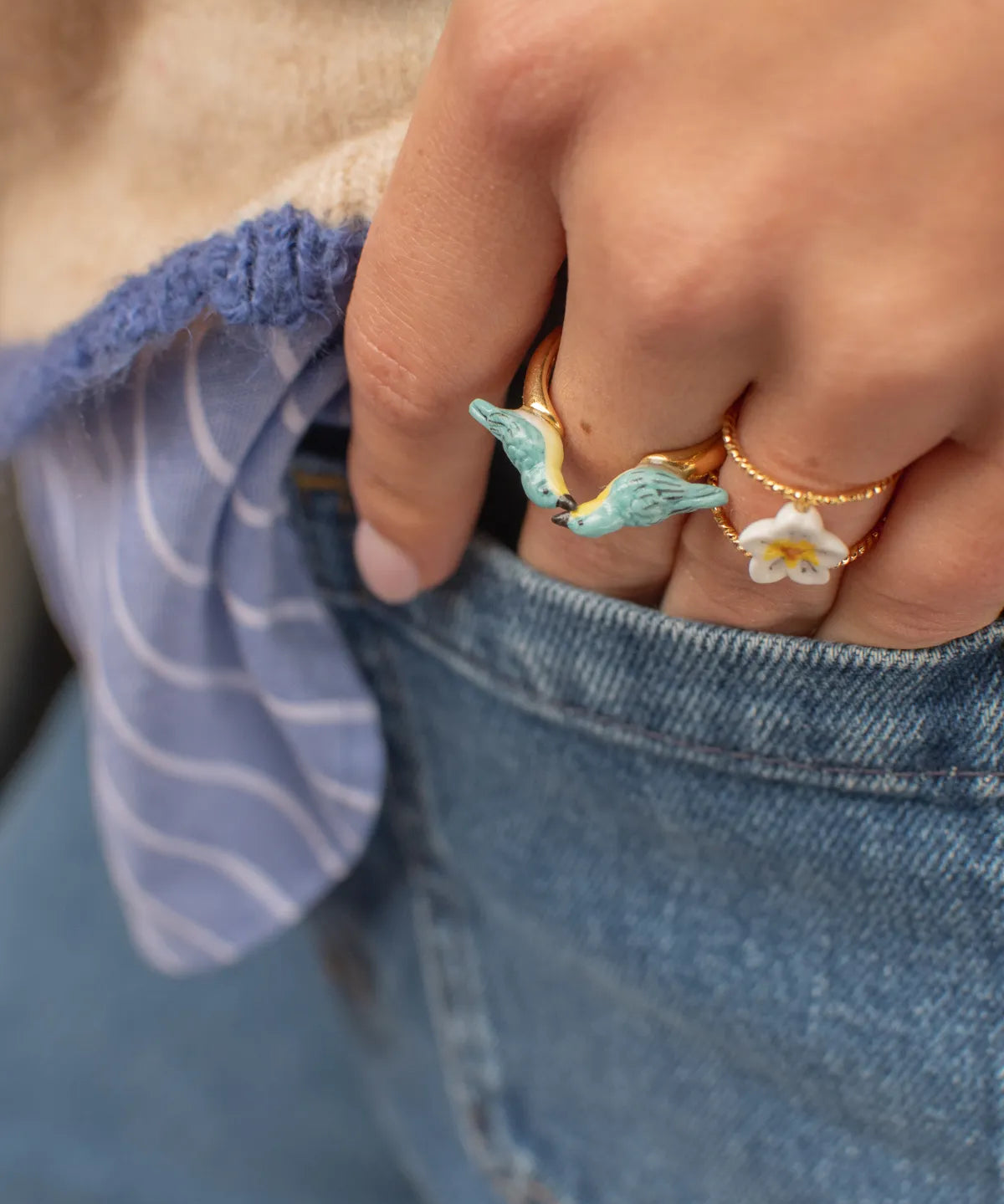 Bague FaceToFace oiseaux Parulines bleues