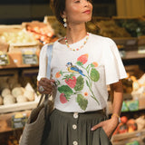 Balloon sleeve T-shirt - Strawberries and titmouse