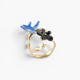 Bague hirondelle bleue et fleurs