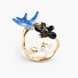 Bague hirondelle bleue et fleurs