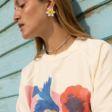 Sweatshirt en Éponge – Oiseau Paruline Bleue et Fleurs