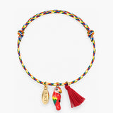 Bracelet cordon multicolore perroquet rouge avec pompon