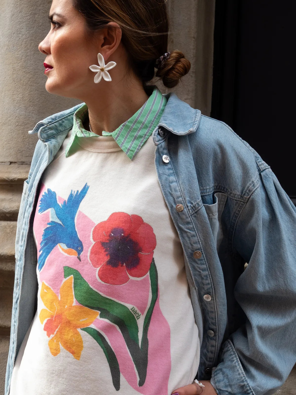 Sweatshirt en Éponge – Oiseau Paruline et Fleurs