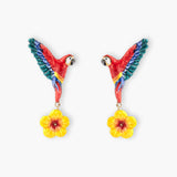 Flying parrot and hibiscus drop earrings