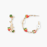 Strawberry and flower branch hoop earrings