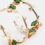 Strawberry and flower branch hoop earrings