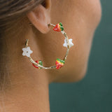 Strawberry and flower branch hoop earrings