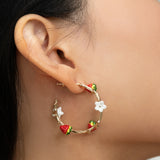 Strawberry and flower branch hoop earrings