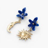 Pendientes asimétricos flor azul, sol y luna