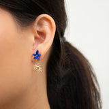 Pendientes asimétricos flor azul, sol y luna