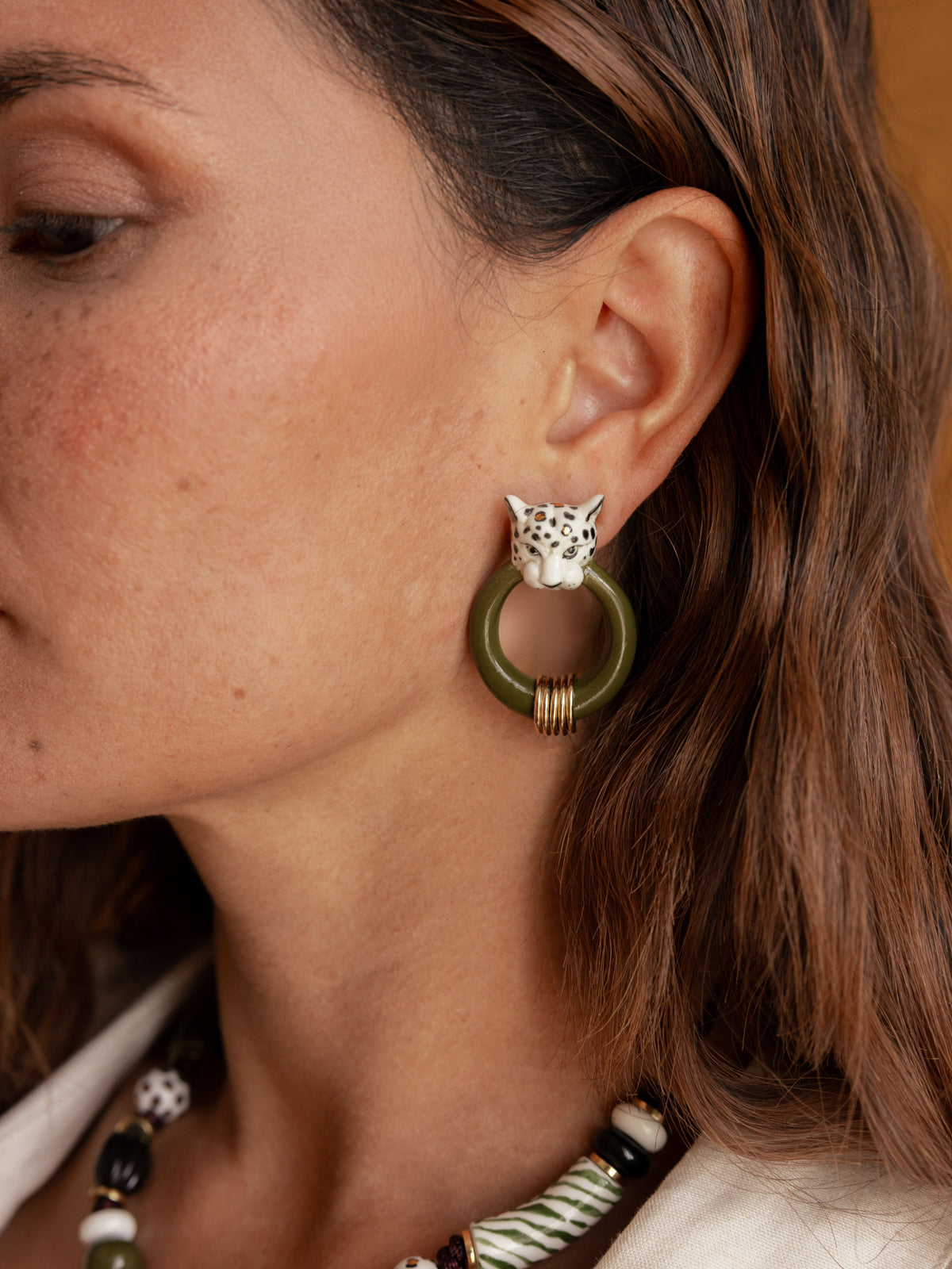 White &amp; Gold Leopard Print Earrings