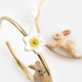 Round rabbit and daffodil hoop earrings